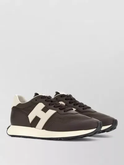 Hogan Lace Sneakers Contrast Panel Round Toe Rubber Sole In Brown