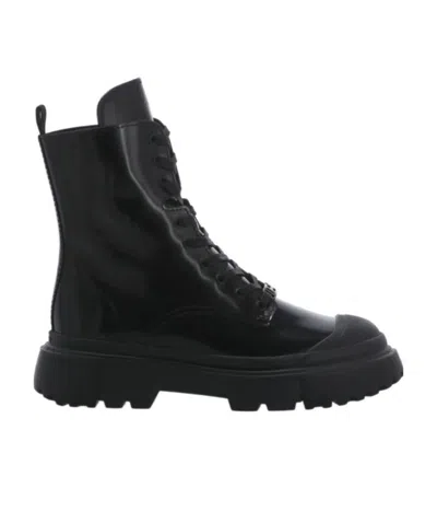Hogan Lace-up Combat Boots In Black