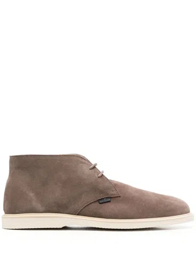 Hogan Lace-up Leather Boots In Braun