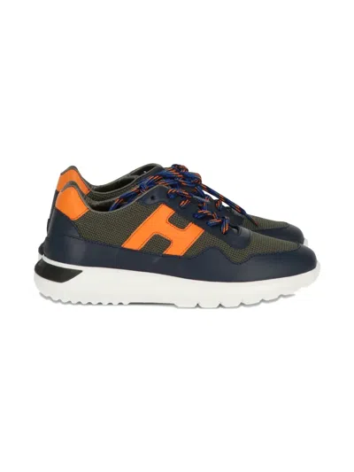 Hogan Kids' Lace-up Leather-panel Sneakers In Blue
