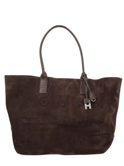Hogan Large Calfskin Suede Tote Handbag With Embossed Branding In Black