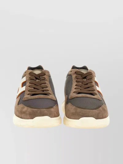 Hogan Leather And Mesh Sneakers With Suede Panels In Brown