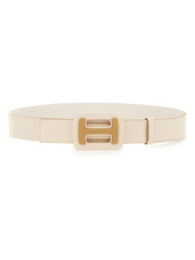 Hogan Premium Calfskin Leather Belt With Rectangular Buckle In Beige