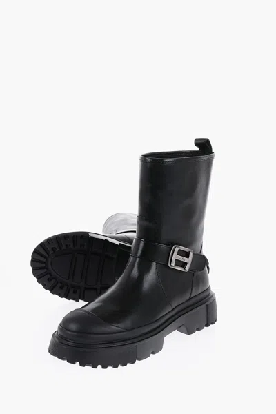 Hogan Leather Biker Boots Lug Sole In Black