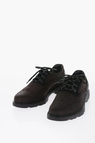 Hogan Leather Brogue Derby Shoes With Rubber Sole In Brown