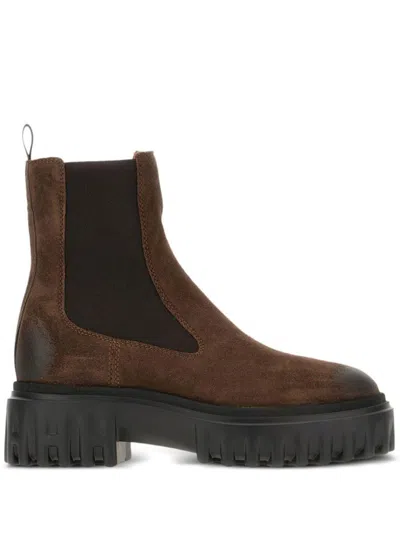 Hogan Leather Chelsea Boots In Brown