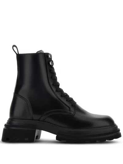 Hogan Leather Combat Boots In Black