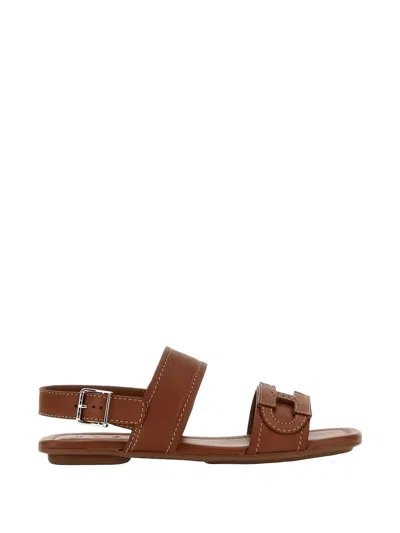 Hogan Leather Flat Sandals In Brown