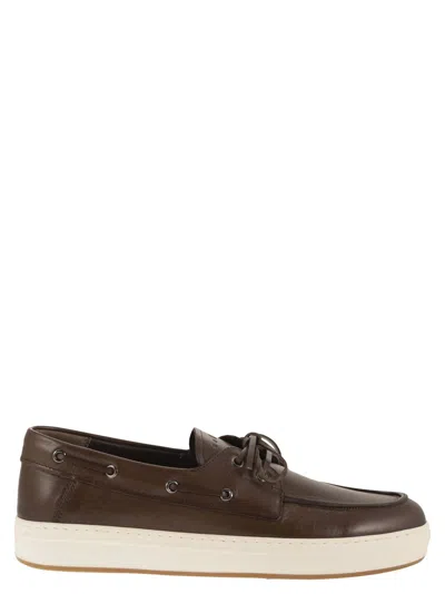 Hogan Leather Lace-up Loafers With Raised Rubber Sole In Brown