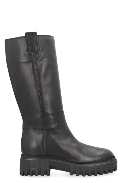 Hogan Leather Platform Boot In Black