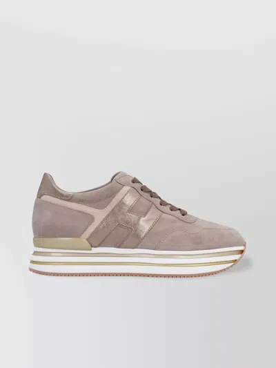 Hogan Leather Platform Sneakers Metallic Accents In Beige