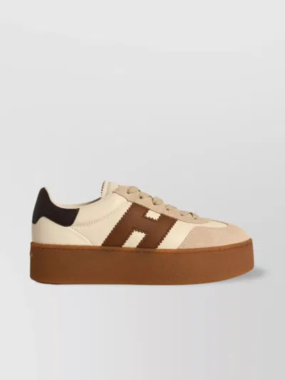 Hogan Leather Sneakers With Contrast Panel And Platform Sole In Gold