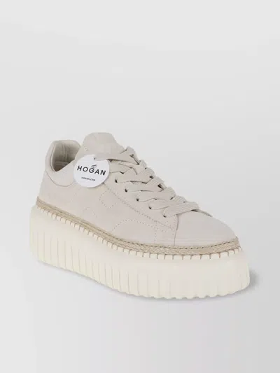Hogan Leather Striped Sneakers Platform Sole In White