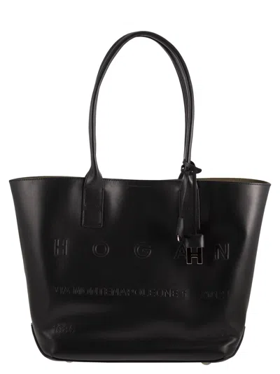 Hogan Leather Tote Bag With Embossed Logo In Black