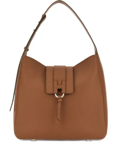 Hogan Hammered Leather Vertical Hobo Bag With Magnetic Closure In Brown
