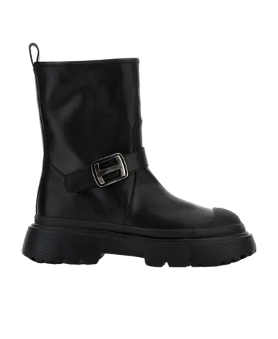 HOGAN HOGAN LOGO BUCKLED ROUND-TOE BOOTS