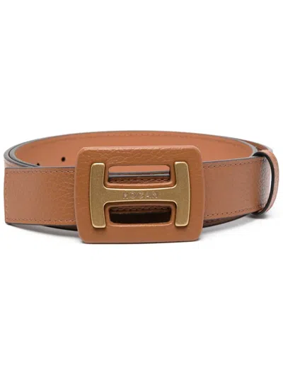 Hogan Logo-plaque Leather Belt In Brown