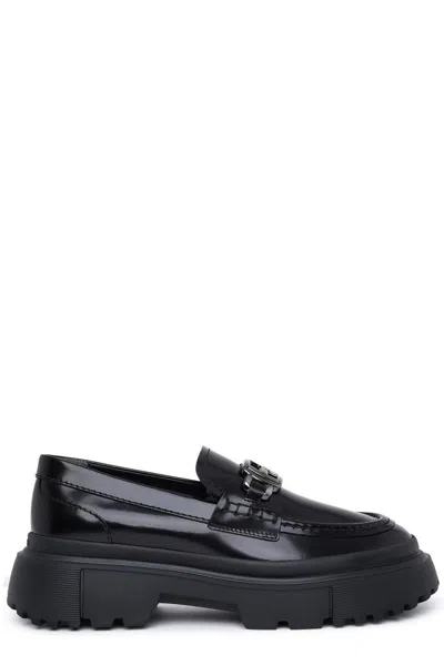 Hogan Logo Plaque Round-toe Loafers In Black