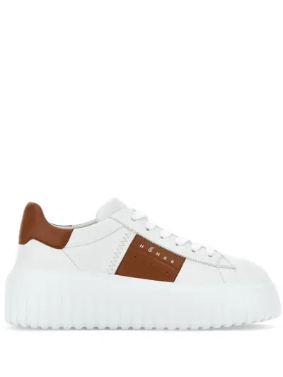 Hogan Panelled Leather Sneakers Decorative Stitching In White+brown