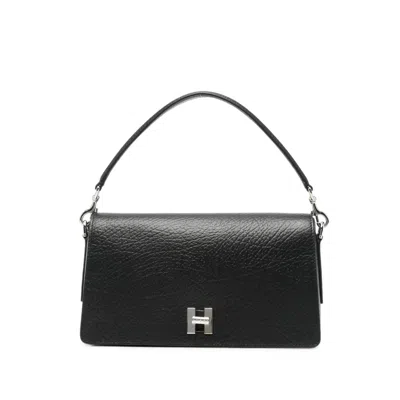 Hogan Logo-plaque Grained Leather Tote Bag In Black