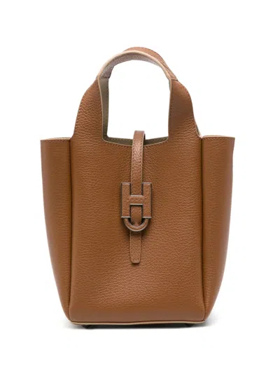Hogan Logo-plaque Pebbled-leather Tote Bag In Brown