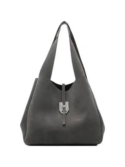 Hogan Logo-plaque Suede Tote Bag In Gray