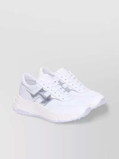 Hogan Low Top Leather Sneakers With Metallic Accent In White