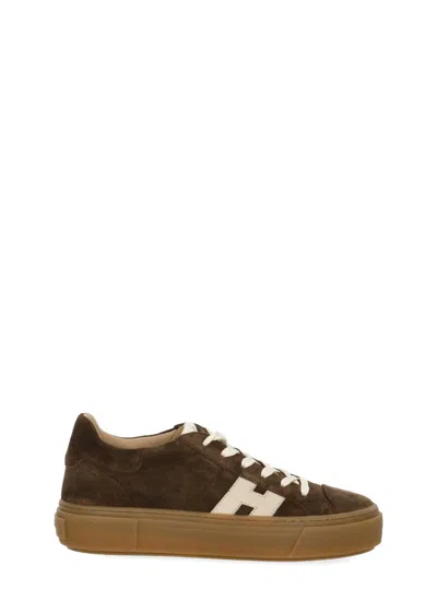 Hogan Low-top Brown Suede Leather Sneakers With Ivory Logo