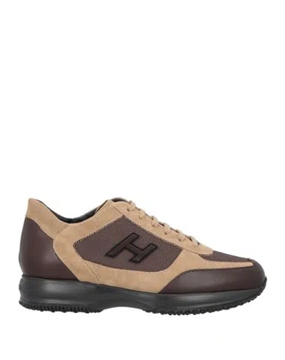 Hogan Man Sneakers Camel Size 9 Textile Fibers, Leather In Beige