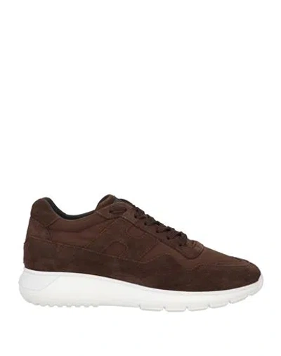 Hogan Man Sneakers Dark Brown Size 9 Leather, Textile Fibers In Multi