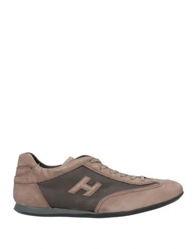 Hogan Man Sneakers Taupe Size 8 Soft Leather, Textile Fibers In Grey