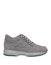 Hogan Man Sneakers Grey Size 7 Soft Leather, Textile Fibers In Grey