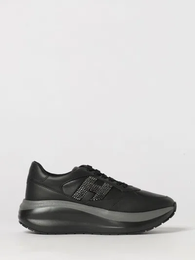Hogan Maxi I Active Leather Sneakers With Rhinestone H Logo And Chunky Sole In Black
