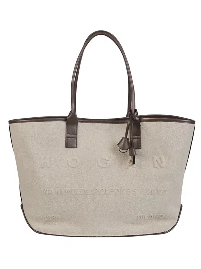 Hogan Medium Address Linen Leather Accent Tote Bag In White