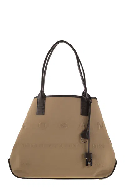 Hogan Medium Canvas Shopping Bag In Nude