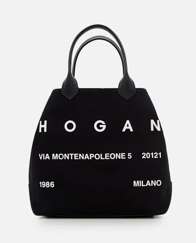 Hogan Medium Script Canvas Shopping Bag In Black