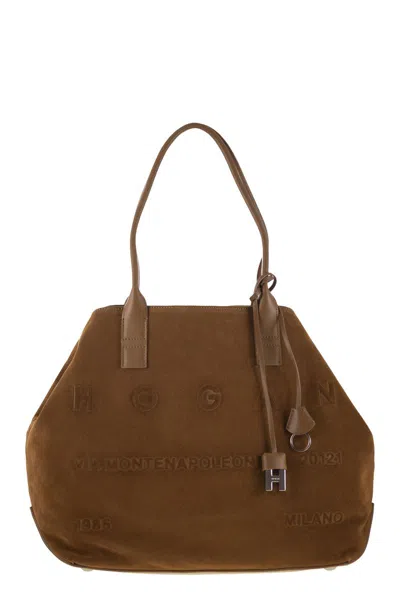 Hogan Medium Script Shopping Bag In Suede In Brown