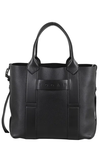 Hogan Medium Script Shopping Bag With Textured Leather Finish In Black