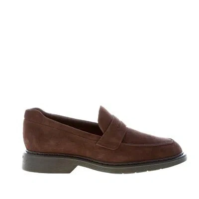 Pre-owned Hogan Men Shoes Ebony Brown Suede Loafer With The Classic Penny Bar