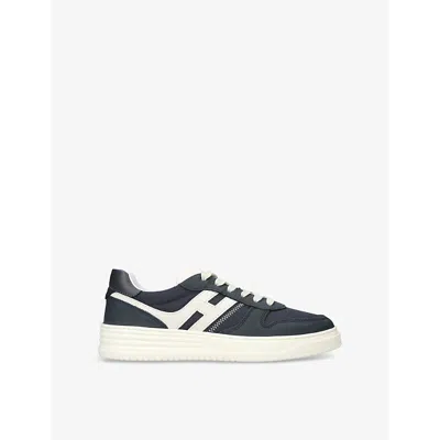 Hogan Mens Allacciato H 630 Brand-embroidered Leather And Mesh Low-top Trainers Navy