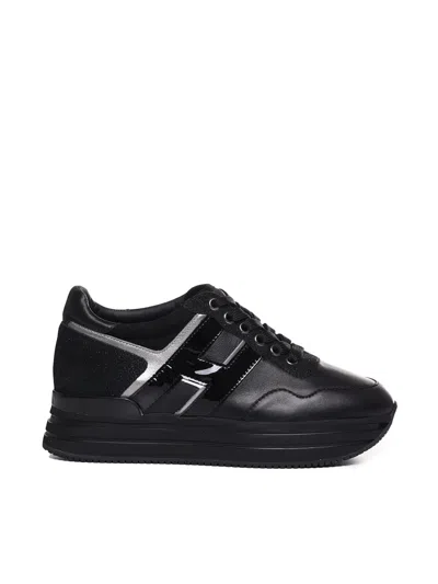 Hogan Midi Platform Sneakers In Leather With Glitter Inserts In Black