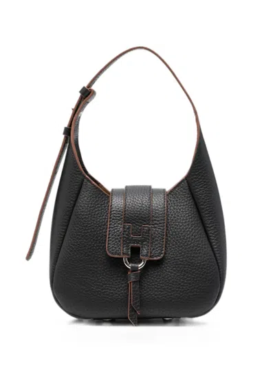 Hogan Mini Logo-plaque Pebbled Shoulder Bag In Black