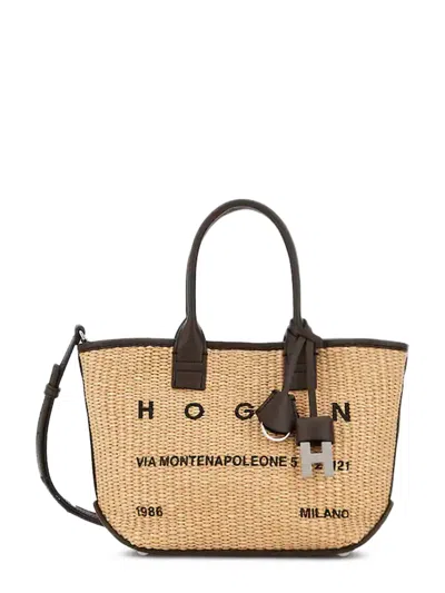 Hogan Mini Raffia Shopping Tote With Leather Accents In Multi
