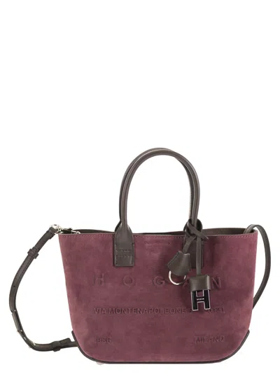 Hogan Mini Suede Tote Bag With Shoulder Strap In Burgundy