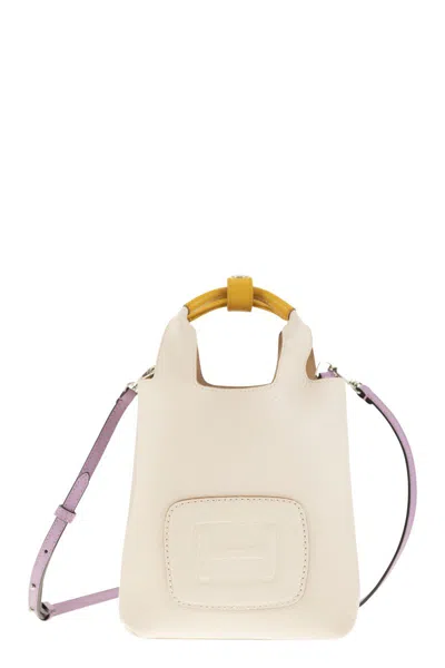 Hogan Mini Women's Milk Grained Leather Shopping Handbag With Maxi H Embossing In White