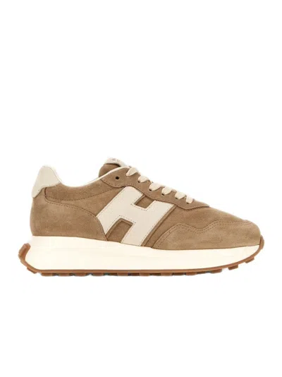 Hogan Minimalistic Beige Suede Sneakers With Cream Accents In Brown