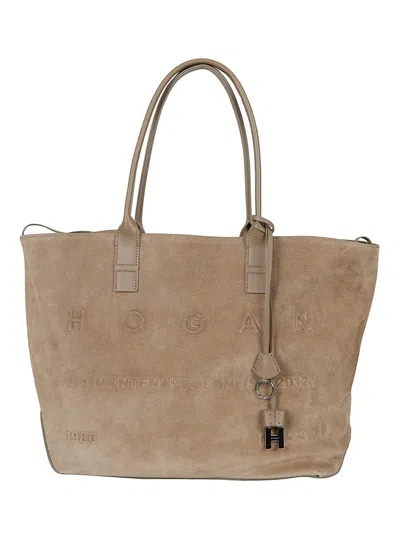 Hogan Mud-colored Suede Tote With Leather Details In Brown