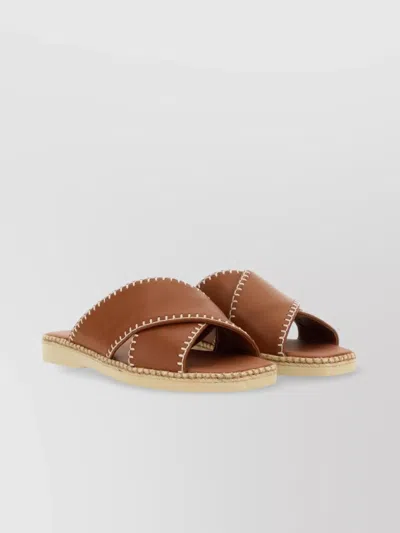 Hogan Open Toe Flat Sole Sandals With Contrast Stitching In Leather