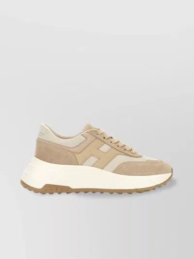 Hogan Panelled Design Leather Sneakers With Ridged Sole In Neutral