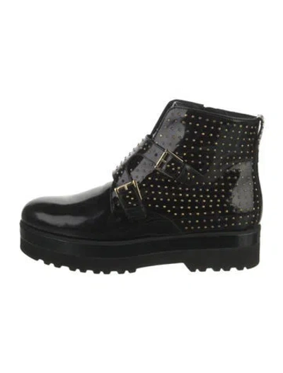 Pre-owned Hogan Patent Leather Studded Accents Rain Boots In Black